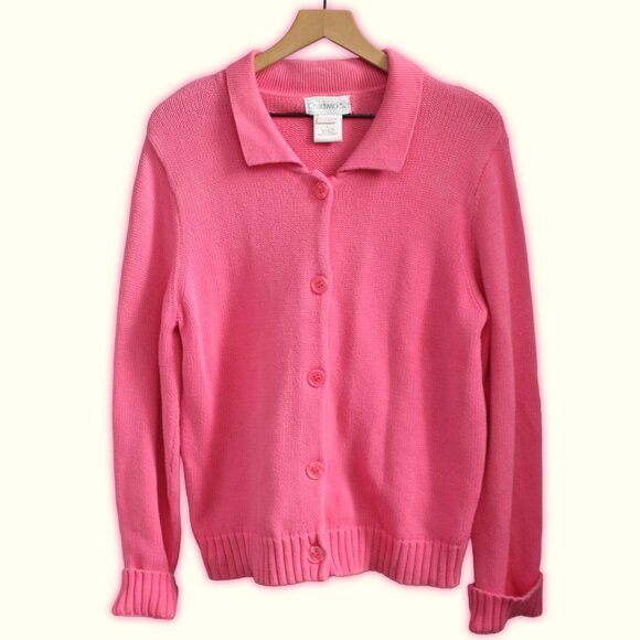 Chadwicks Sweaters - Chadwicks Vintage Pink Cotton Knit Button Collared Cardigan Sweater Size Large